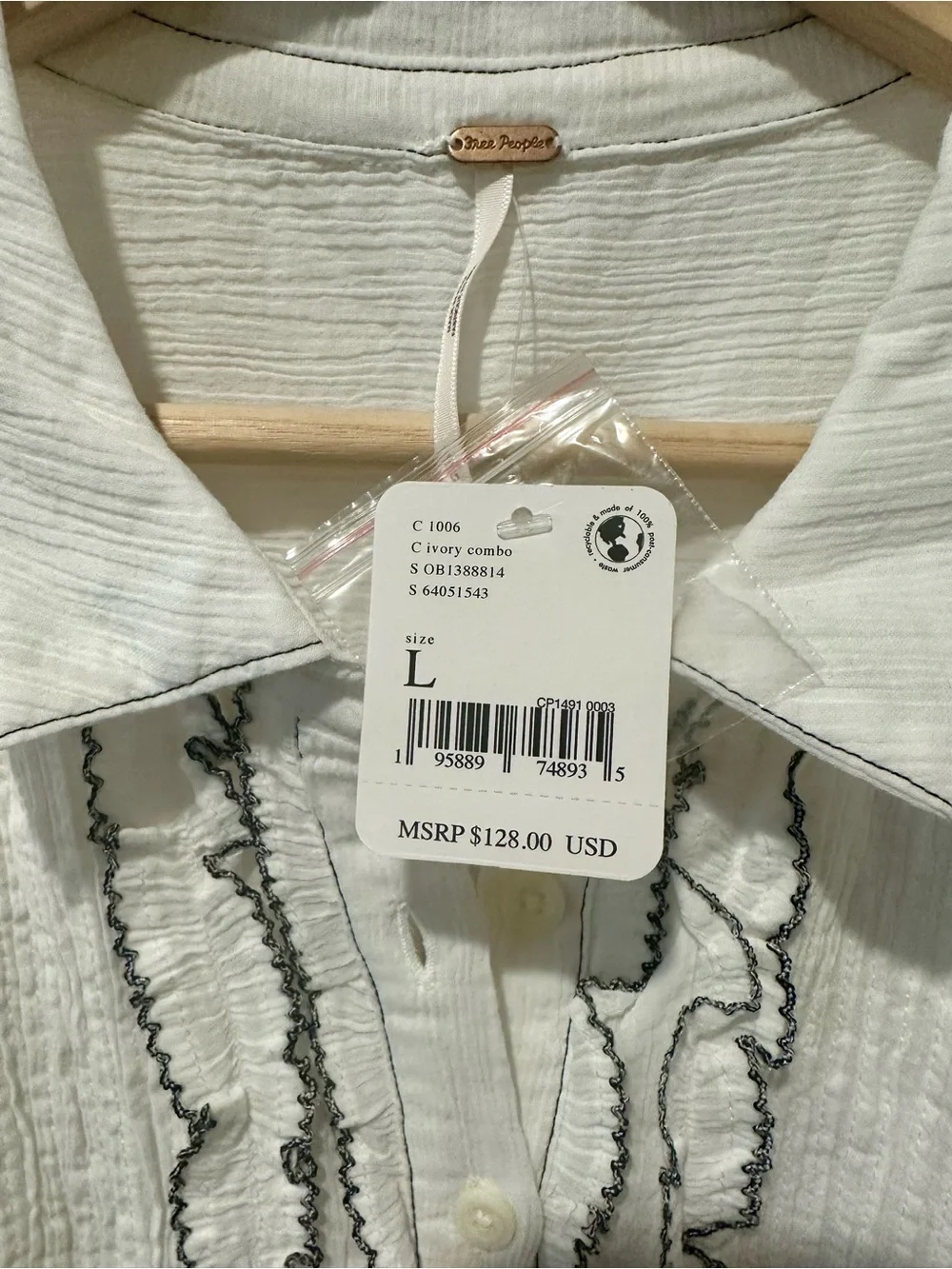 Free People White Ivory Tuxedo Ruffle-Front Shirt Dress Boho Chic Women’s L
